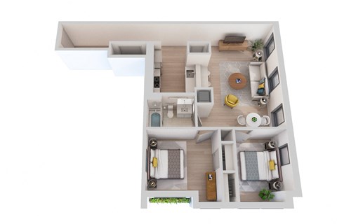 a stylized floor plan with a bedroom and a living room